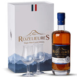 Elegant gift box featuring Rozelieures Origine Single Malt Whisky and two tasting glasses – the perfect set for French whisky lovers and connoisseurs.