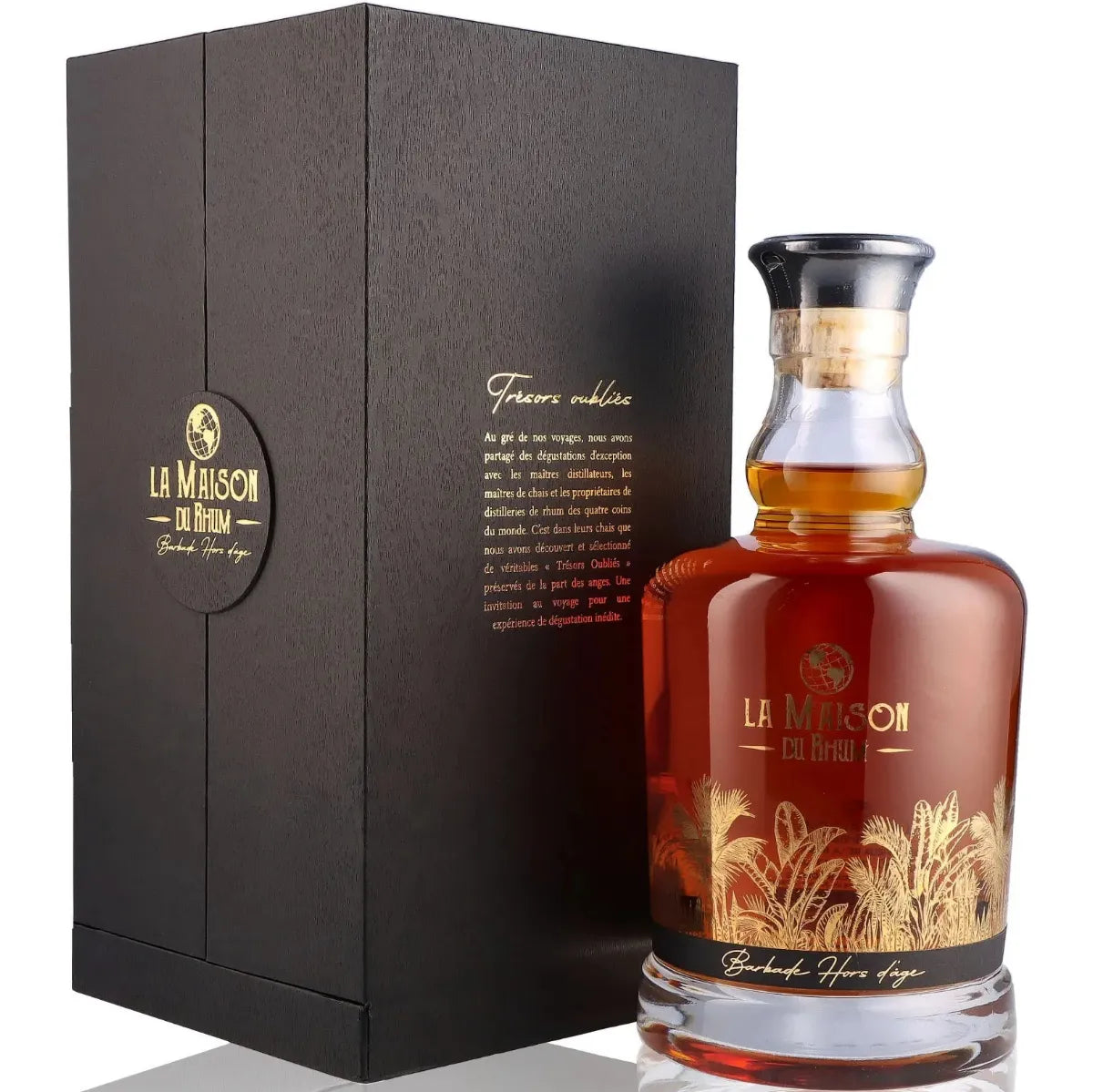 Bottle of La Maison du Rhum Barbados 20 Year Old – premium aged rum with rich amber color, elegant label, and wooden gift box in background.