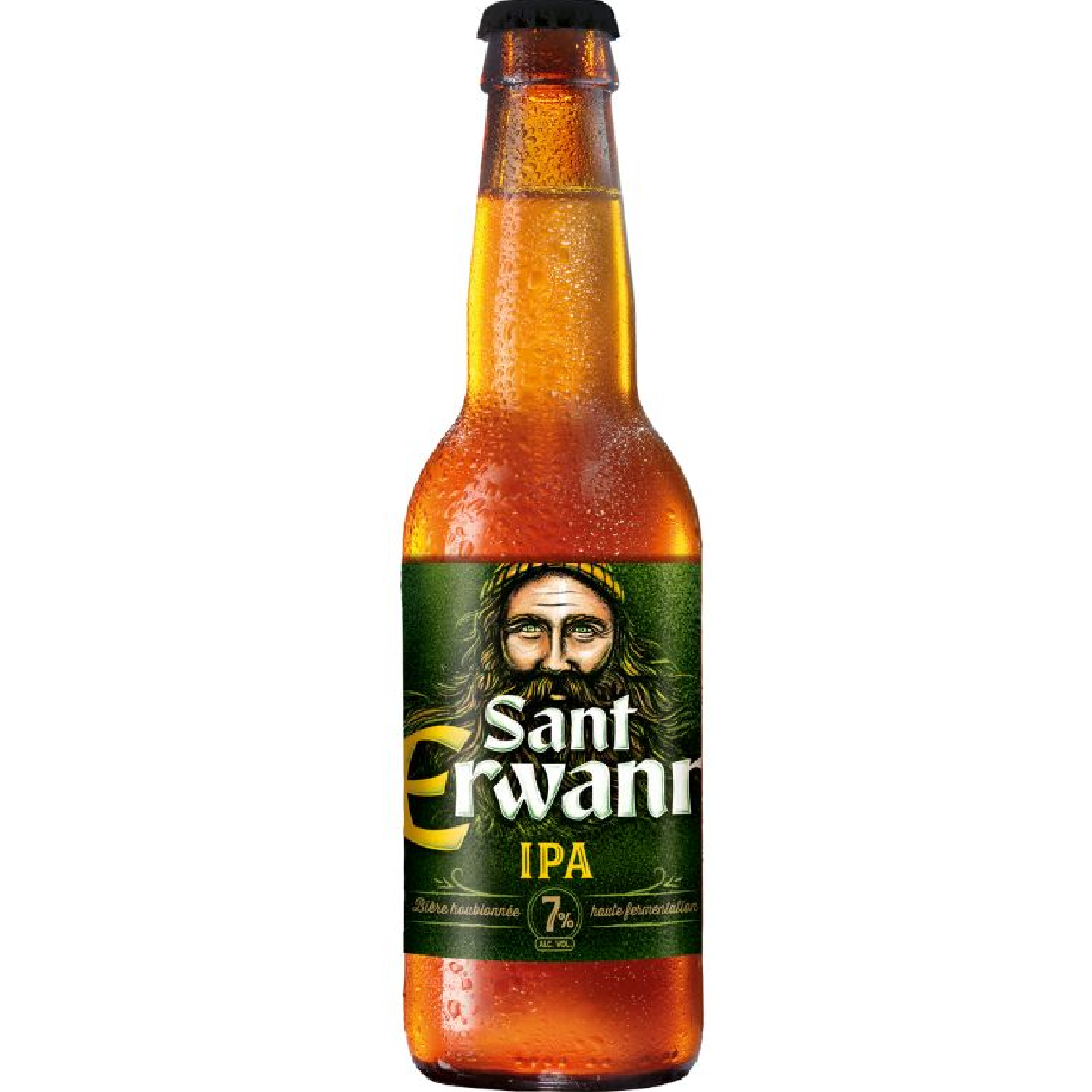 IPA Beer by Sant Erwann, Breton craft IPA with fresh hop aromas, grapefruit and citrus notes, tropical fruit flavors, and balanced bitterness.