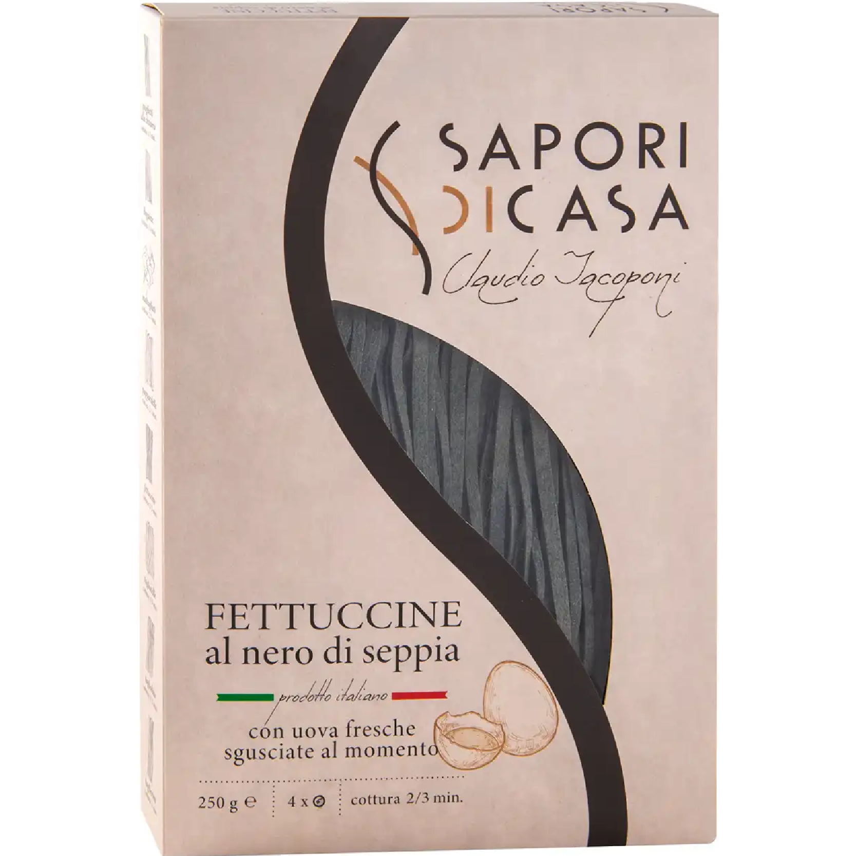 Fettuccine with Squid Ink – Saporu Dicasa 250g, premium Italian pasta with black squid ink, ideal for seafood and gourmet dishes.