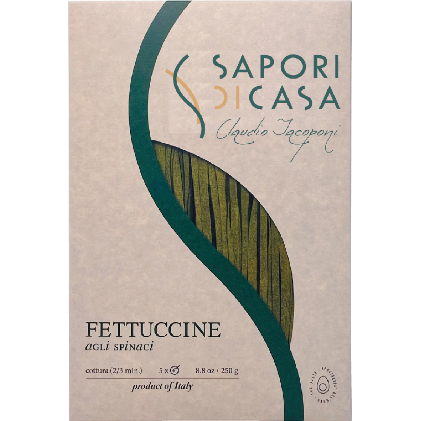 Fettuccine with Spinach – Saporu Dicasa 250g, green artisanal pasta with subtle vegetal flavor, ideal for creamy sauces, vegetables, or seafood.