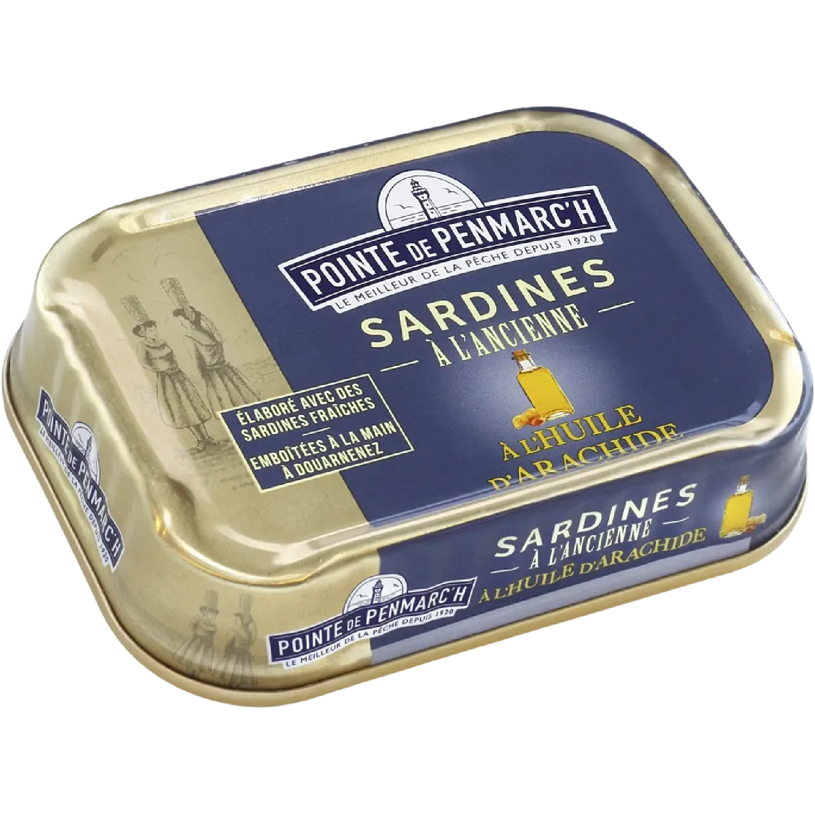 Old-fashioned sardines in peanut oil, 115g tin by Pointe de Penmarc’h, traditional Breton sardines preserved for rich flavor and quality.
