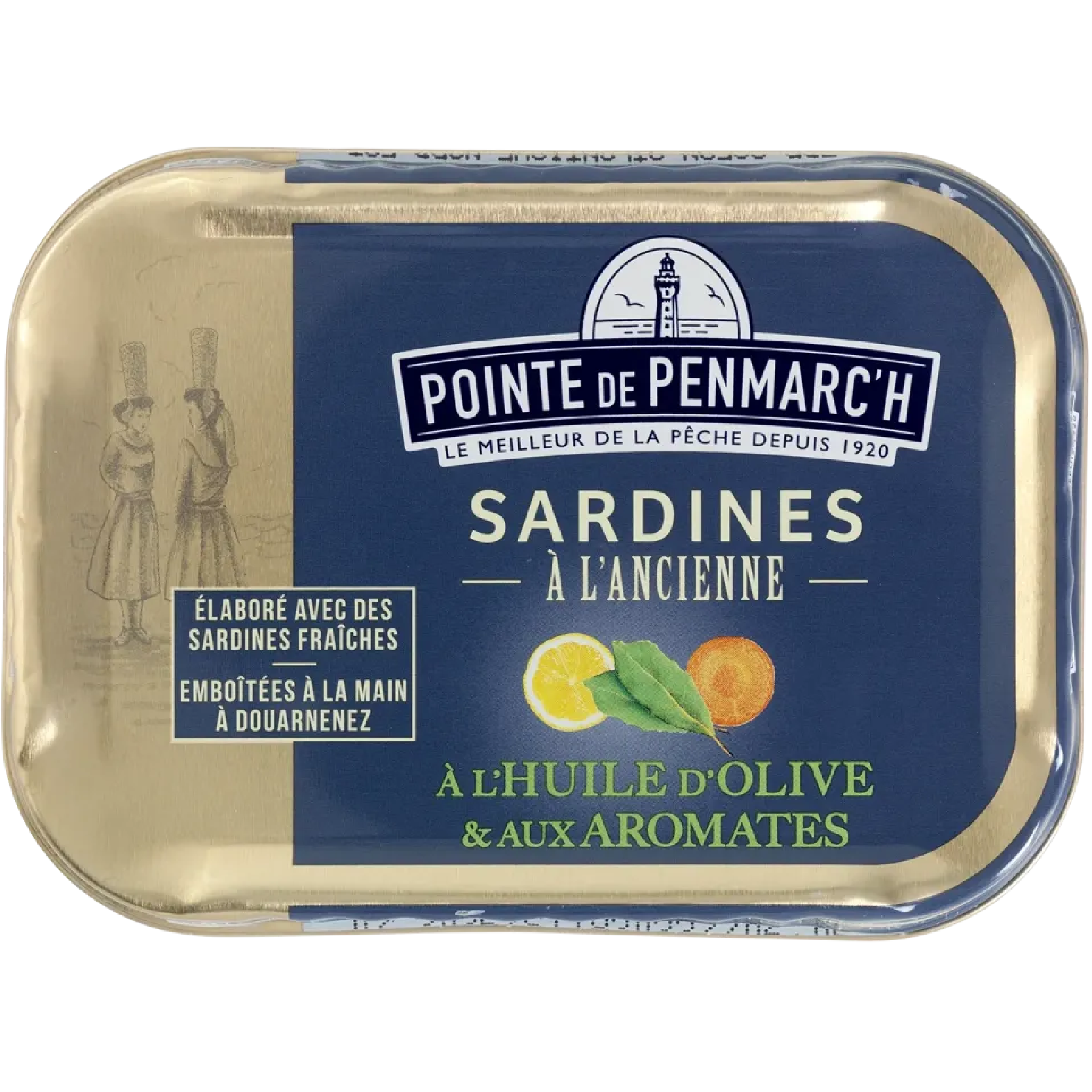 Old-fashioned sardines in olive oil with herbs, 115g tin by Pointe de Penmarc’h, traditional Breton recipe with aromatic herbs and rich, flavorful sardines.