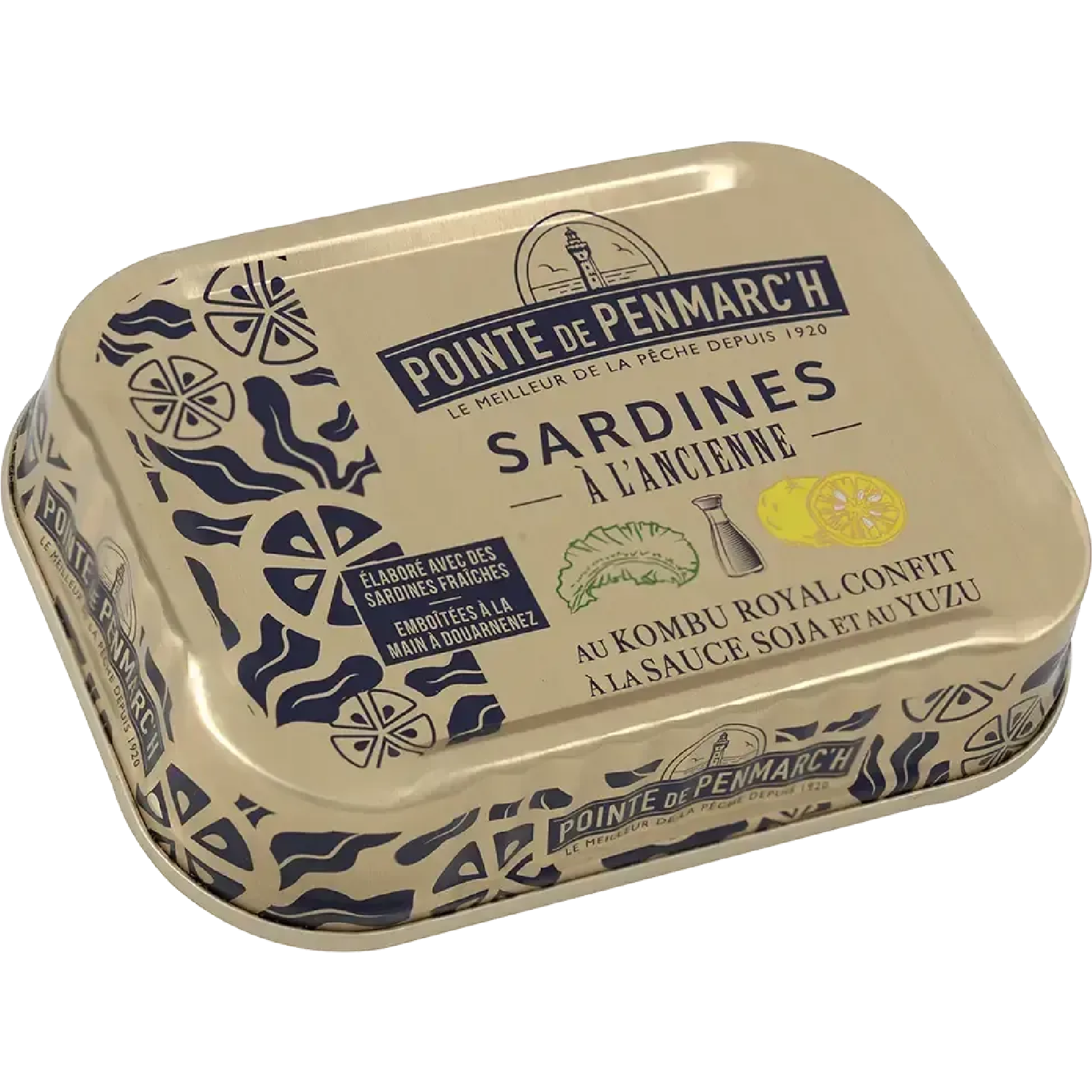 Old-fashioned Breton sardines with Royal Kombu confit, soy sauce, and yuzu in olive oil – tender texture and refined umami flavor.