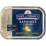 Old-fashioned sardines in lemon marinade (no oil), 115g tin by Pointe de Penmarc’h, traditional Breton seafood product.