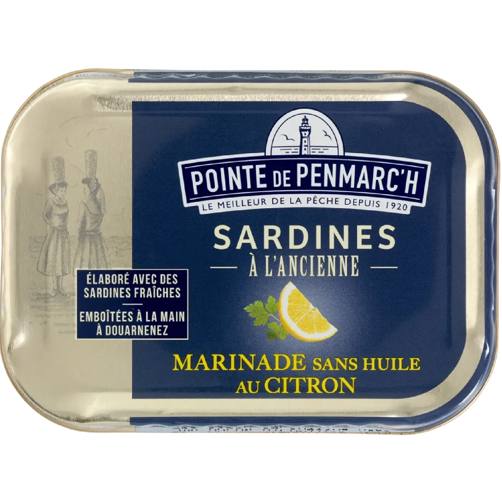 Old-fashioned sardines in lemon marinade (no oil), 115g tin by Pointe de Penmarc’h, traditional Breton seafood product.