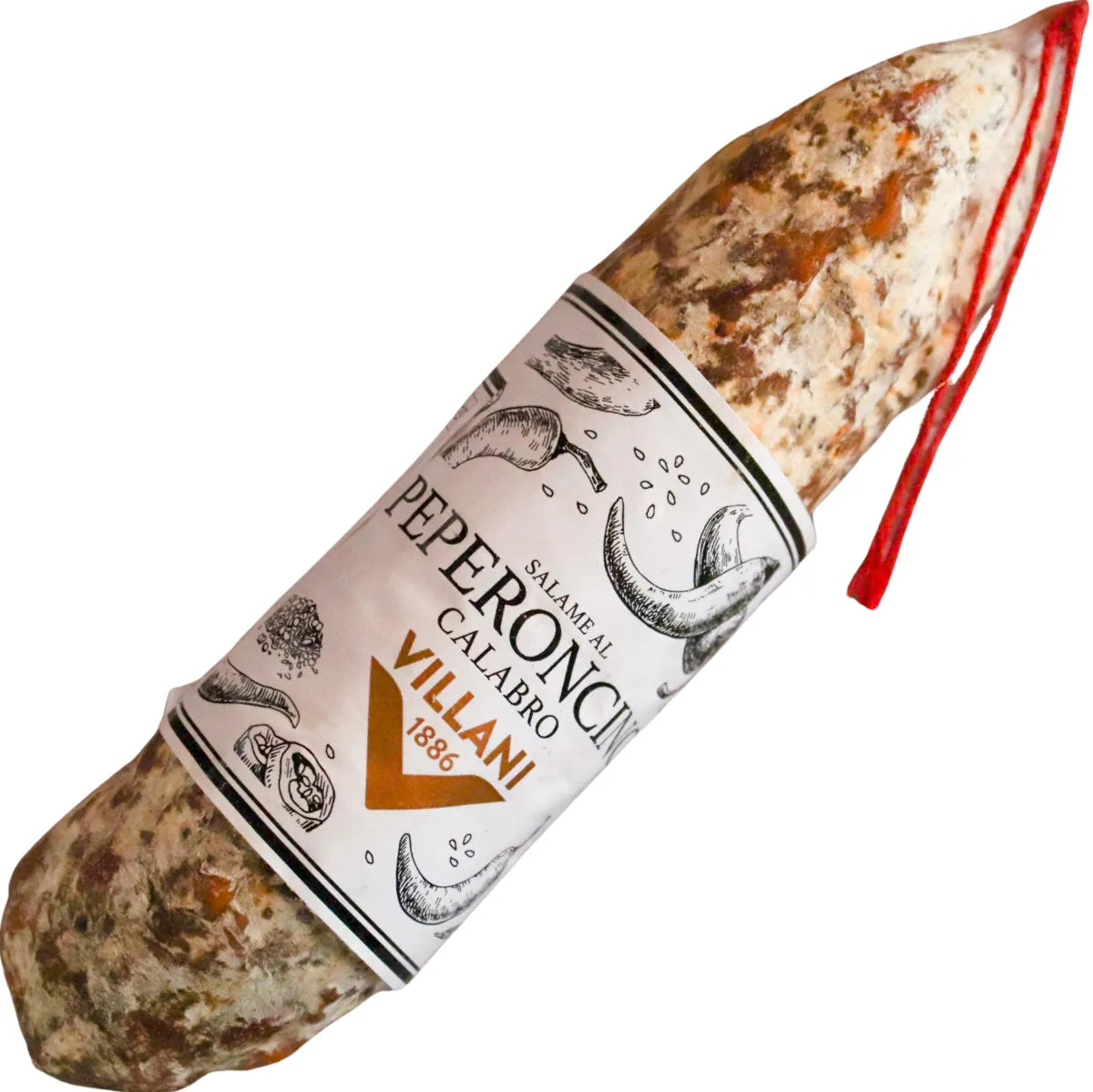 Villani Small Calabrian Chili Sausage 270g – dry-cured Italian sausage with natural casing, infused with spicy Calabrian chili, artisanally crafted in Italy.