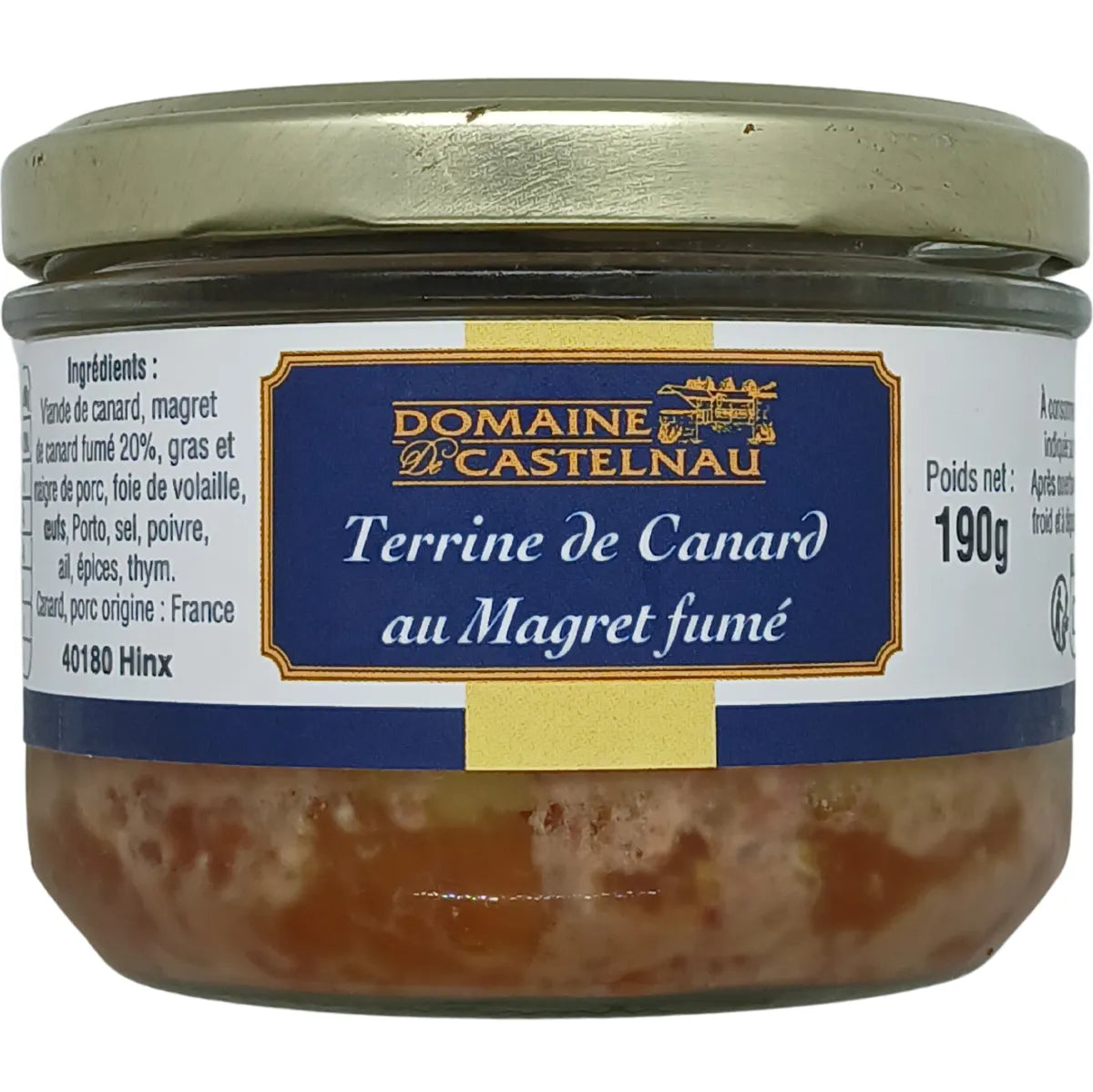 Glass jar of Smoked Duck Breast Terrine (190g) from Domaine de Castelneau, an authentic French gourmet delicacy made with high-quality duck and rich, smoky magret. Perfect for appetizers, charcuterie boards, or pairing with fine red wine like Saint-Émilion Grand Cru. Enjoy with crusty bread and a touch of fig or onion chutney for an exquisite taste experience.