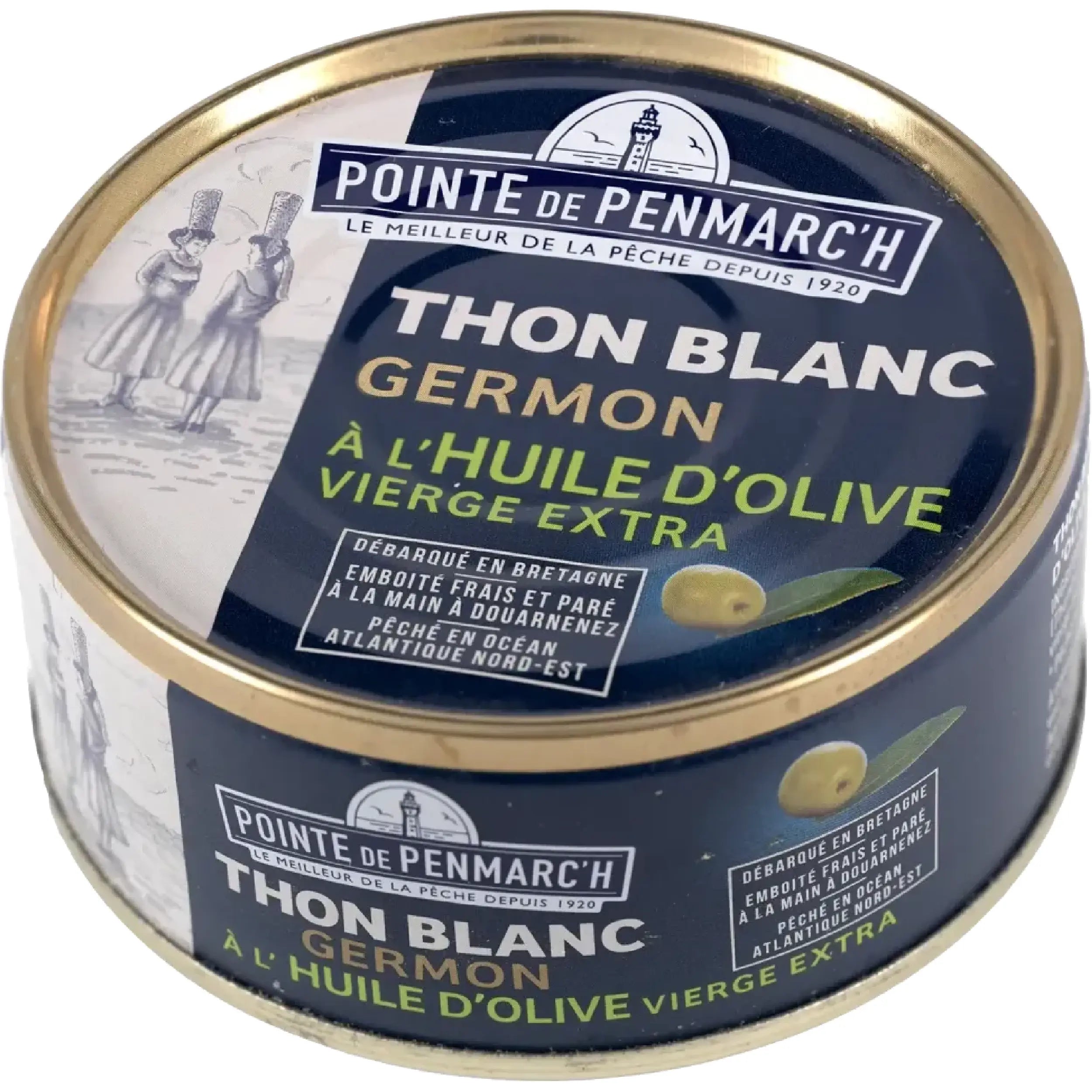 Jar of White Tuna Germon in extra virgin olive oil from Pointe de Penmarc’h, showcasing tender tuna pieces in golden oil on a wooden table.