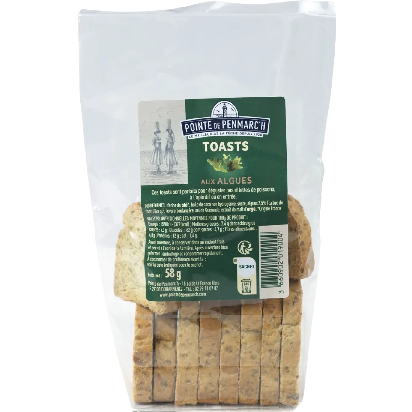 Pointe de Penmarc’h Seaweed Toasts 58 g – thin, light, and crispy crackers with a delicate seaweed flavor, perfect for pairing with creamy or mild cheeses.