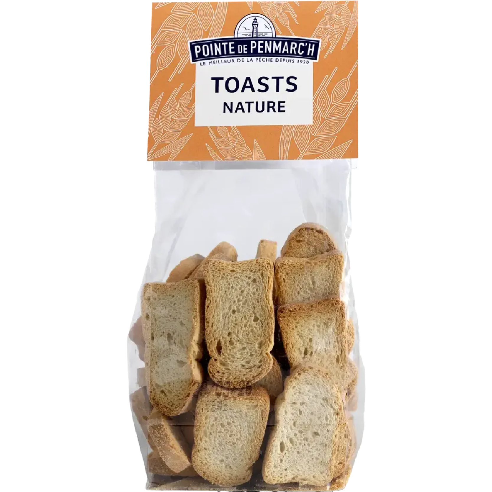 Pointe de Penmarc’h plain toasts 100g, thin and crispy gourmet crackers ideal for seafood rillettes, cheeses, and aperitif spreads.