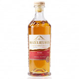 Bottle of Rozelieures Rare Collection whisky, red and gold label, golden amber liquid, wooden cap.