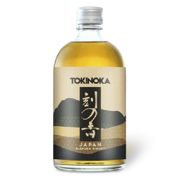Bottle of Tokinoka Japan Blended Whisky with a beige and black label featuring stylized mountains.