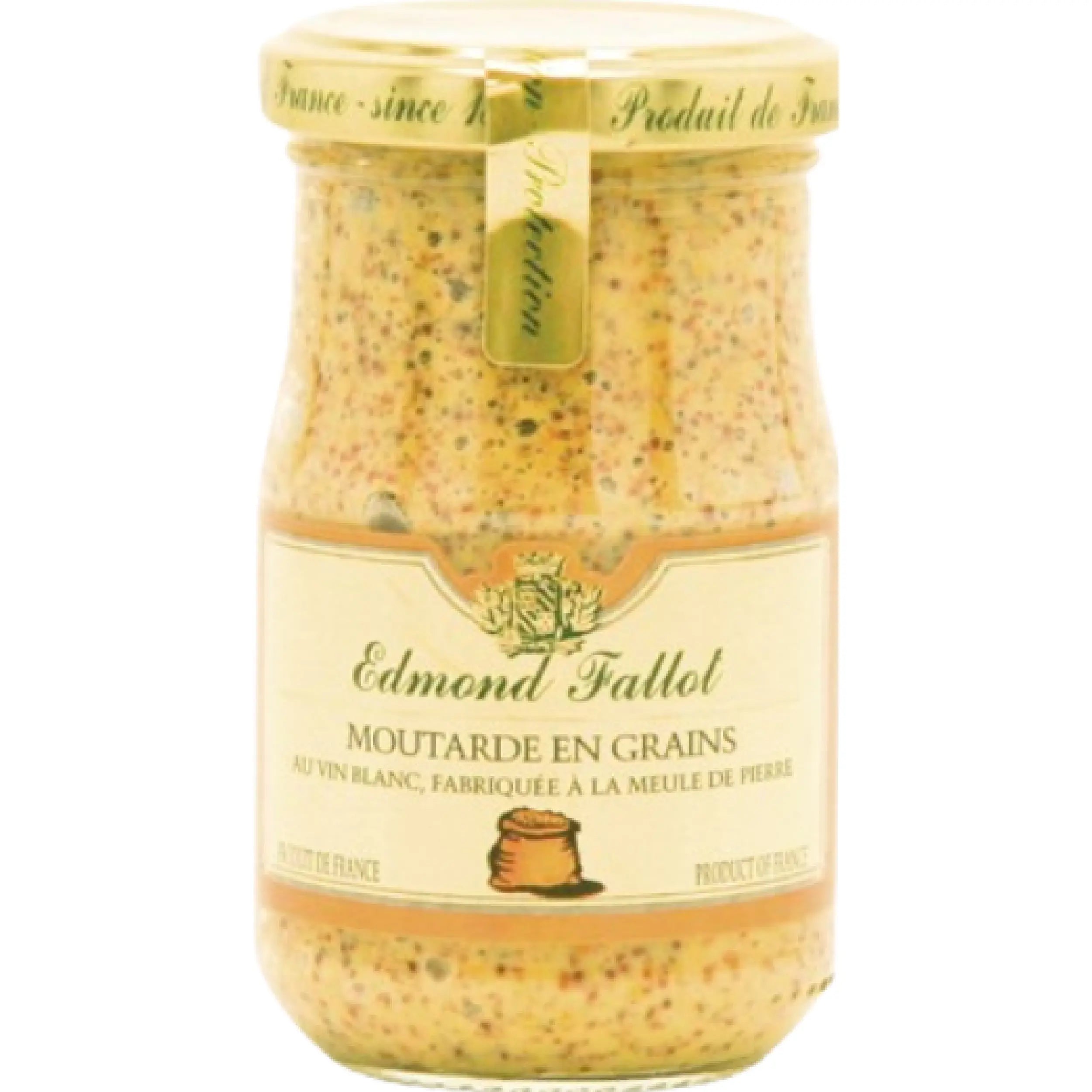Jar of Whole Grain Mustard with White Wine Edmond Fallot 210g, textured French mustard with whole seeds and delicate white wine flavor.