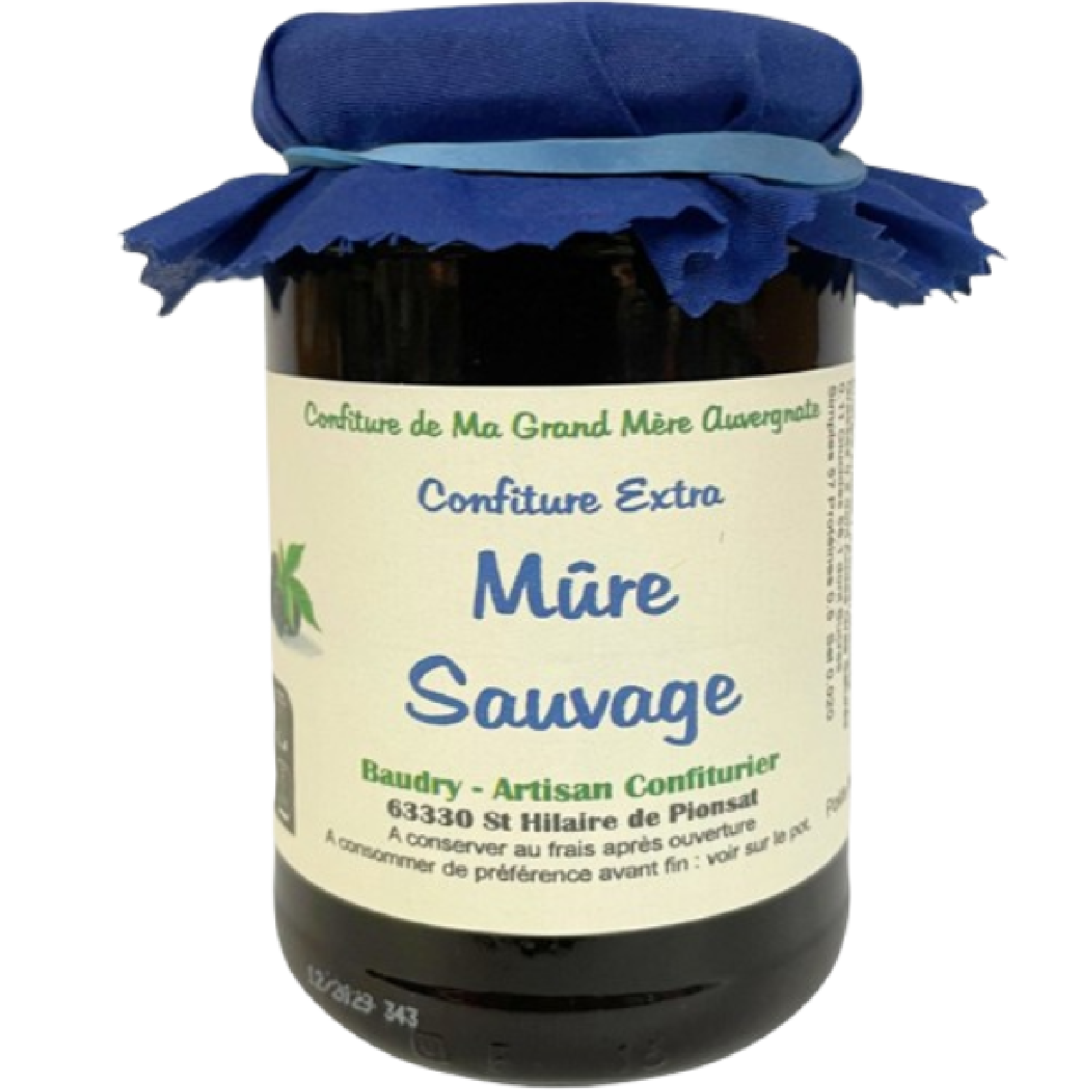 Jar of Wild Blackberry Jam Domaine de Baudry 370g, authentic French blackberry preserve with rich fruity flavor and smooth texture.