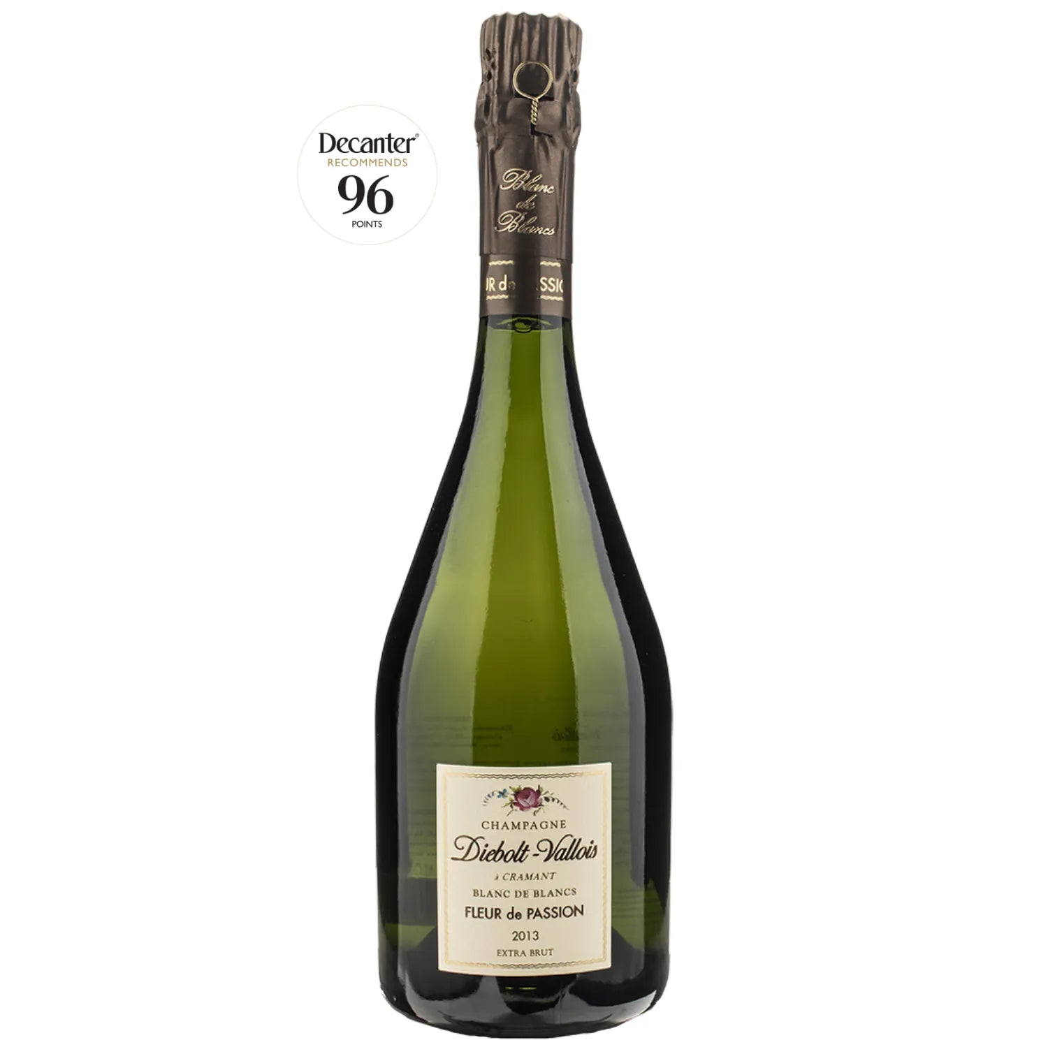 A bottle of Diebolt-Vallois Fleur de Passion 2013 Blanc de Blancs Champagne, elegantly labeled, with a golden hue. The bottle signifies the Champagne's refined flavors of biscuit, flinty freshness, and a rich honeyed finish.
