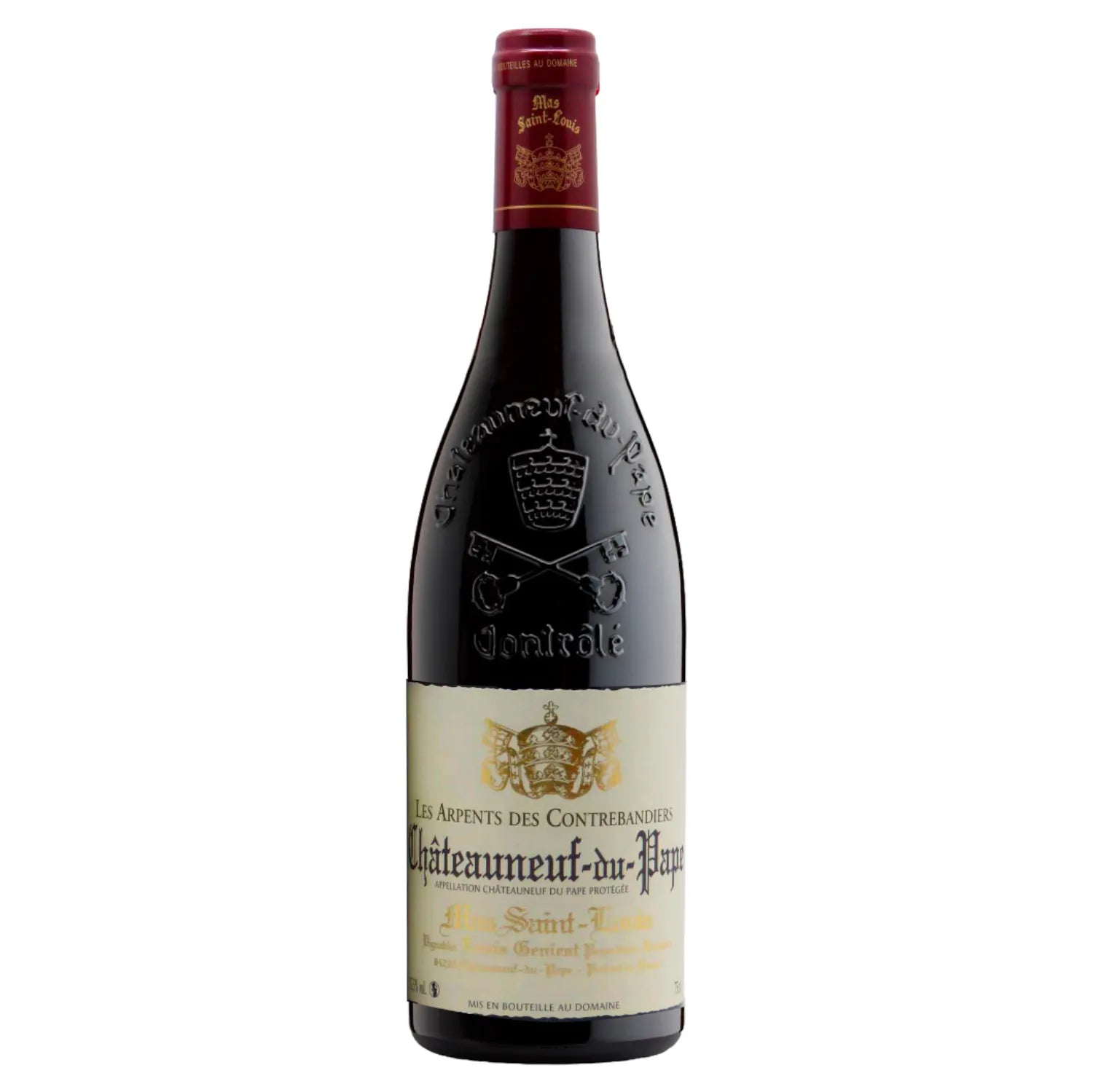 A bottle of 2016 Châteauneuf-du-Pape "Les Arpents des Contrebandiers" from Mas Saint-Louis, showcasing a rich red blend of Grenache, Mourvèdre, Syrah, and Cinsault. The label features intricate design elements that reflect the vineyard's heritage.