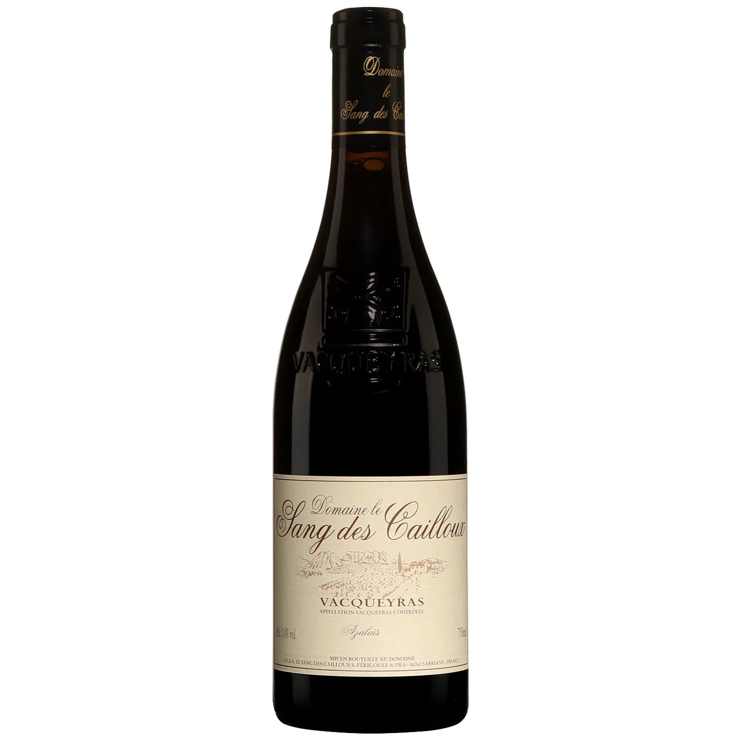 Bottle of Azalaïs 2021 Vacqueyras red wine from Domaine Le Sang des Cailloux, showcasing its dark ruby color and elegant label, known for its complex aromatic profile and rich, balanced palate.