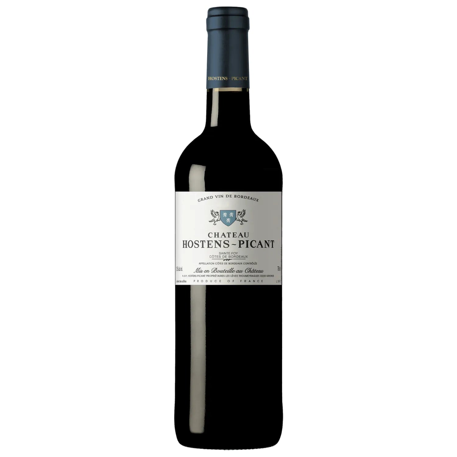 A bottle of Château Hostens-Picant, a distinguished Bordeaux wine known for its blend of Merlot and Cabernet Franc, featuring rich flavors of red and black fruits, spices, and oak, produced with sustainable practices.