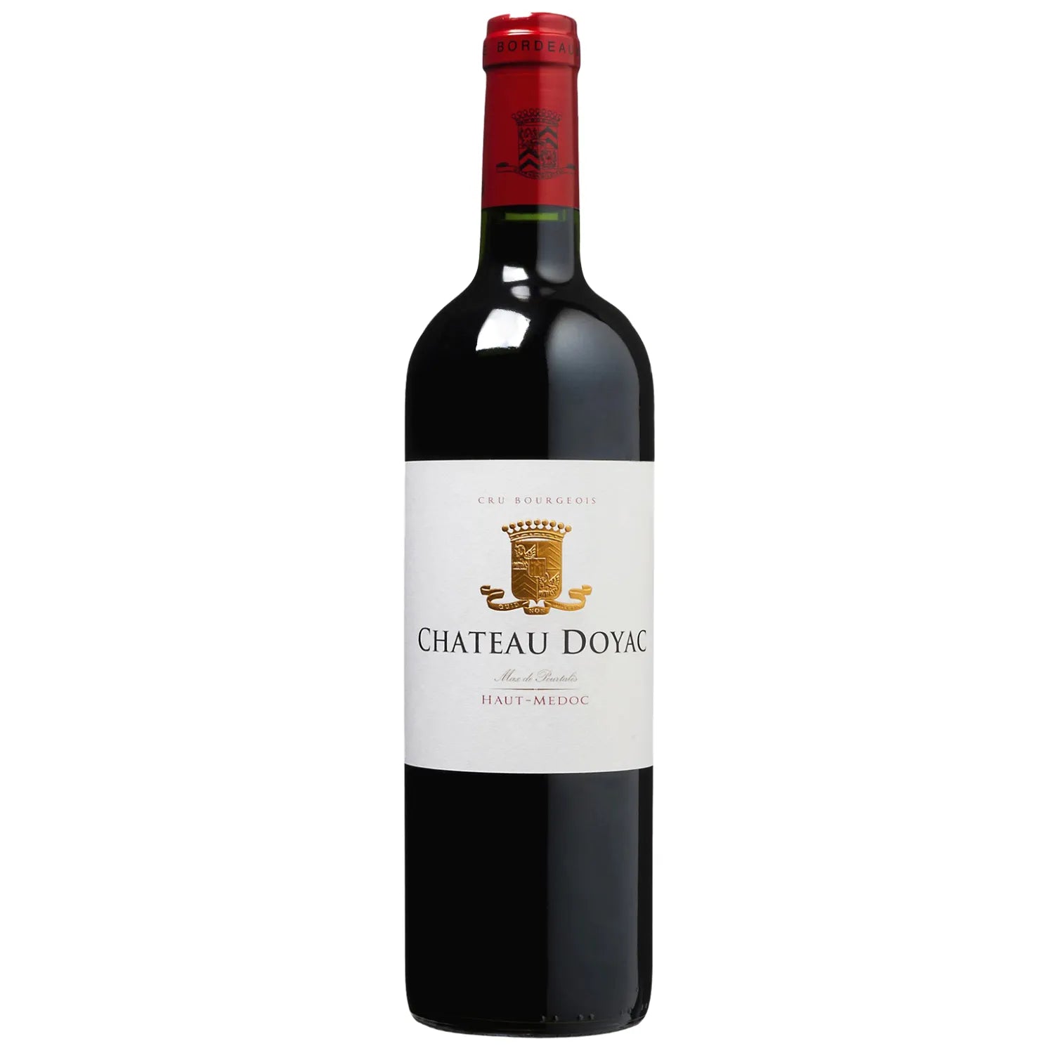 A bottle of Château Doyac 2020 Cru Bourgeois Supérieur, showcasing a deep ruby color. This wine from the Haut-Médoc region is crafted primarily from Merlot, Cabernet Sauvignon and Cabernet Franc, expressing the unique terroir of Bordeaux. It features a bouquet with notes of dark berries, cassis, and subtle oak.