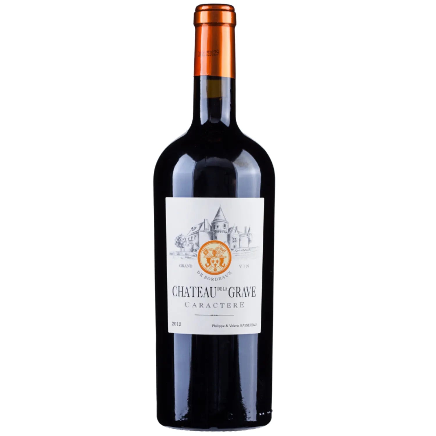 A bottle of Caractère 2019 from Château de La Grave, a premium Bordeaux red wine known for its rich, expressive character, blend of Merlot and Cabernet Sauvignon, and meticulous viticulture practices.