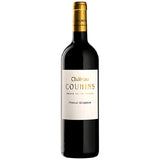A bottle of 2015 Chateau Couhins Pessac-Leognan, medium garnet-purple in color, featuring warm notes of plums, cherries, and mulberries with hints of herbs and cigars, medium to full-bodied with a savory finish.