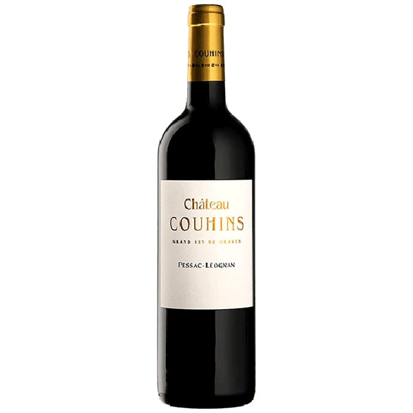 A bottle of 2015 Chateau Couhins Pessac-Leognan, medium garnet-purple in color, featuring warm notes of plums, cherries, and mulberries with hints of herbs and cigars, medium to full-bodied with a savory finish.