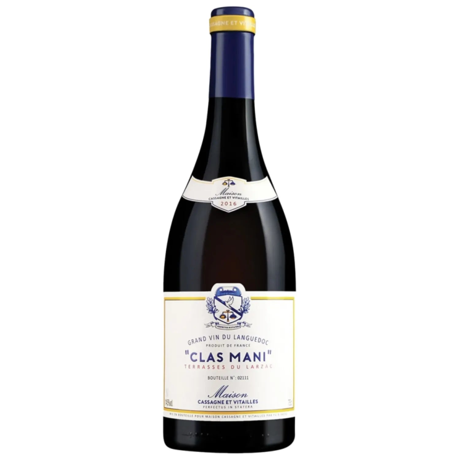 A bottle of Clas Mani from Domaine Cassagne et Vitailles, showcasing a deep ruby red color. This wine from the Terrasses du Larzac region is primarily made from Syrah and aged in Chassin barrels. It features a rich and complex bouquet with notes of dark fruits, spices, and subtle oak.