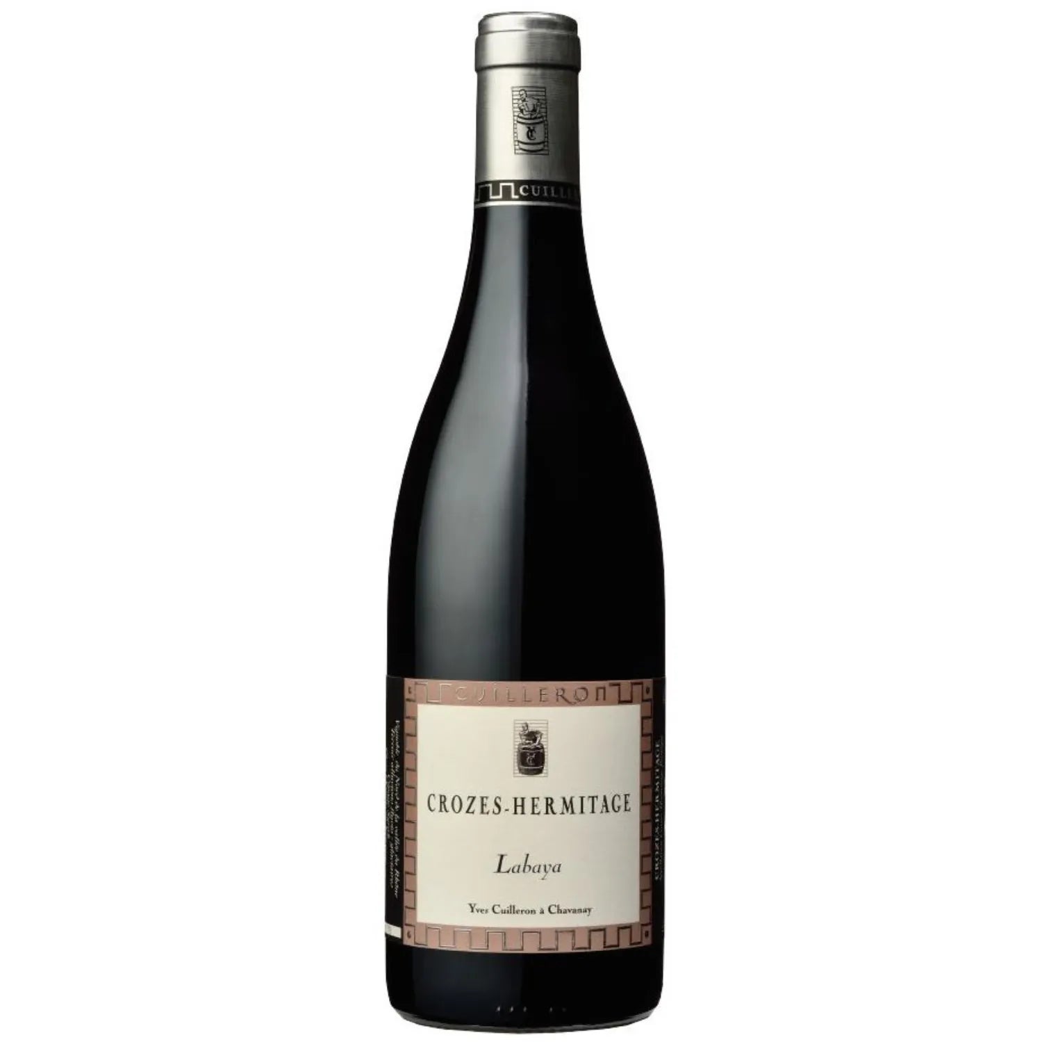 A bottle of Crozes-Hermitage "Labaya" 2021 from Domaine Yves Cuilleron, featuring its organic label and deep red wine, elegantly showcased in a sleek bottle, reflecting the sophistication of this Rhône Valley Syrah.