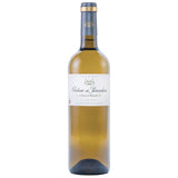 Bottle of Château de Parenchère Bordeaux Blanc Sec white wine, 2023 vintage, with a white label adorned with a drawing of a château, containing a light straw-yellow liquid.