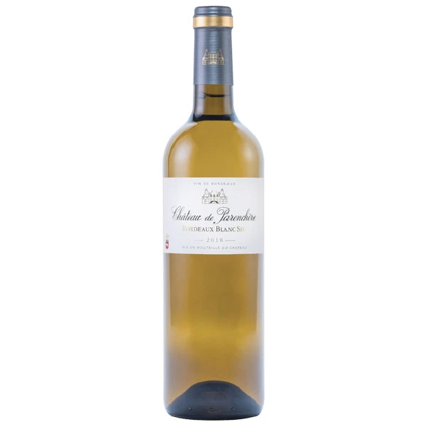 Bottle of Château de Parenchère Bordeaux Blanc Sec white wine, 2023 vintage, with a white label adorned with a drawing of a château, containing a light straw-yellow liquid.